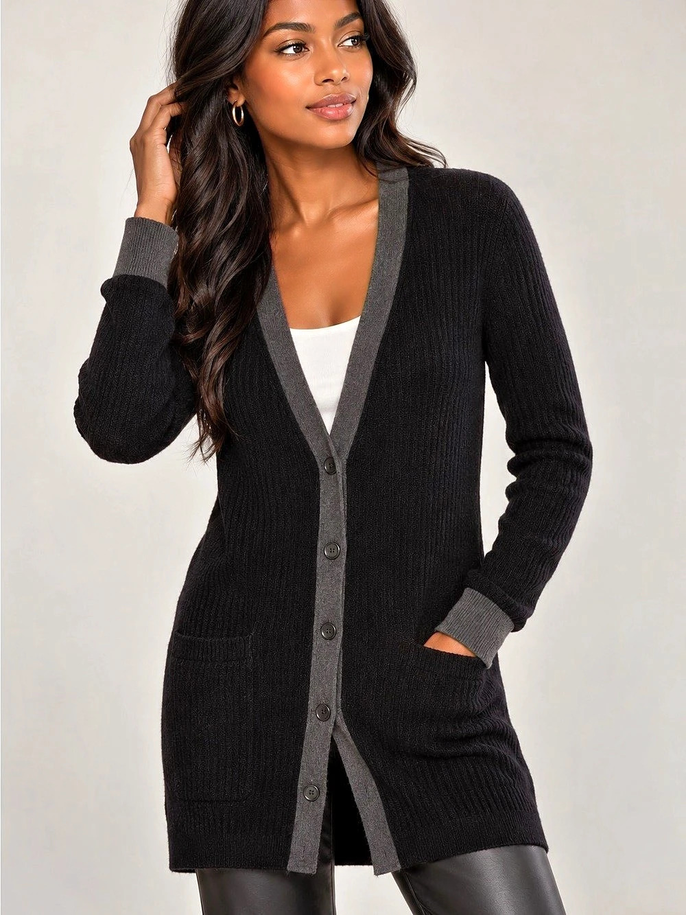 Vince 100% Cashmere Colorblock Long Cardigan Black Gray Size Small